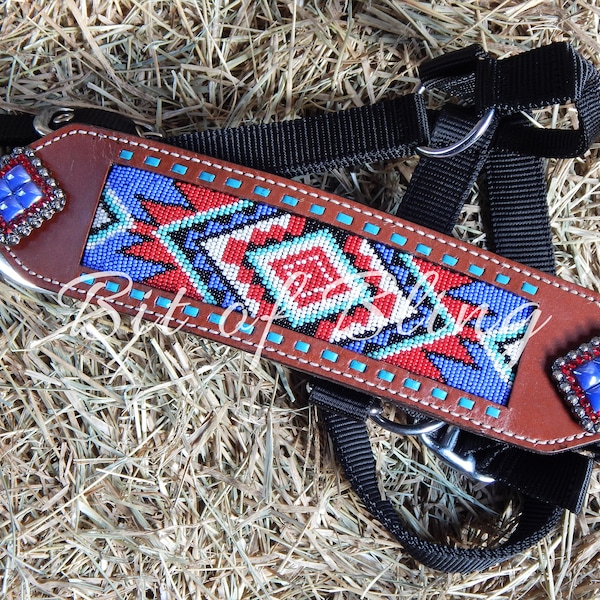 Red Black Blue Beaded Leather Bronc Halter Horse Tack Rodeo Gymkhana Barrel Racing Pole Bending Trail Riding Cowboy Mounted Shooting Reining