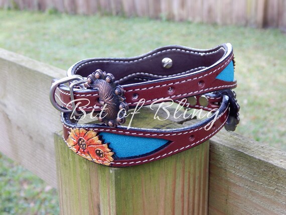 Teal Sunflower Leather Dog Collar Puppy Puppies Dog Dogs Leather