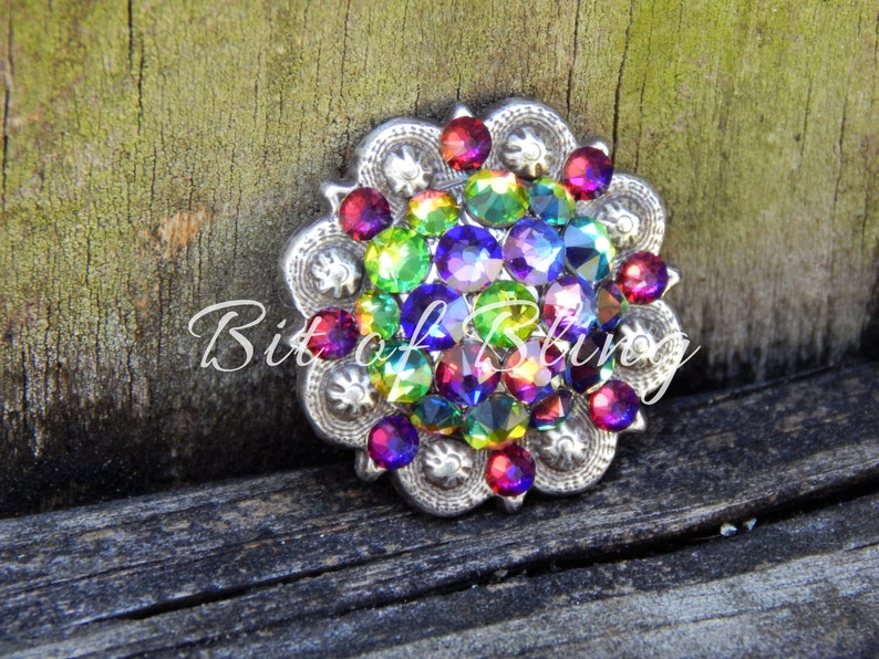 Pode incluir: Um concho de prata com um sortimento colorido de strass. Os strass s&atilde;o em tons de vermelho, verde, azul e roxo. O concho &eacute; um adorno popular para roupas e acess&oacute;rios ocidentais.