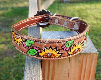 Sunflower & Cactus Tooled Painted Leather Dog Collar