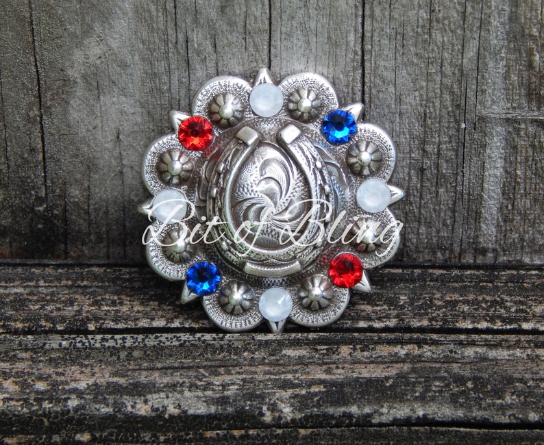 Patriotic Horseshoe Berry Concho with Rhinestones in Light Siam, Electric White, and Capri Blue Western Horse Tack image 2