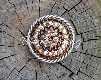 Antique Silver Round Rope Edge Concho - Smoke Topaz & Golden Shadow , Horse Tack Custom Conchos Bling Conchos Crystal Conchos