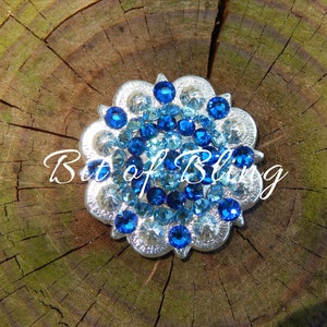 1.5" Aquamarine and Capri Blue Shiny Silver Round Berry Concho Bling Conchos Crystal Conchos Rhinestone Conchos Custom Conchos