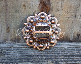 Copper Round Slotted Berry Concho - Smoke Topaz & Vintage Rose - Western Horse Tack