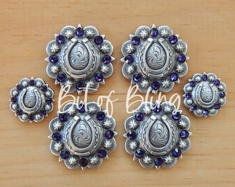 Purple Velvet Antique Silver Horseshoe Berry Saddle Concho Set - Western Horse Tack