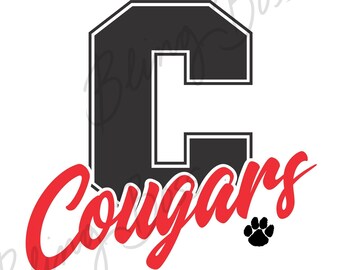 May include: Black and white letter C with a white outline, in a varsity style font. The word "Cougars" is written in red cursive below the letter. A black paw print is below the word "Cougars".