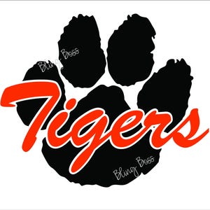May include: Black paw print with the word "Tigers" in red cursive lettering. The words "Bling Boss" are written in white cursive lettering on either side of the paw print.