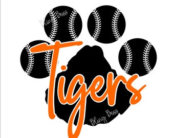 May include: Black and white baseball paw print design with the word "Tigers" in orange text. The paw print has the words "Bling Boss" written in white text.