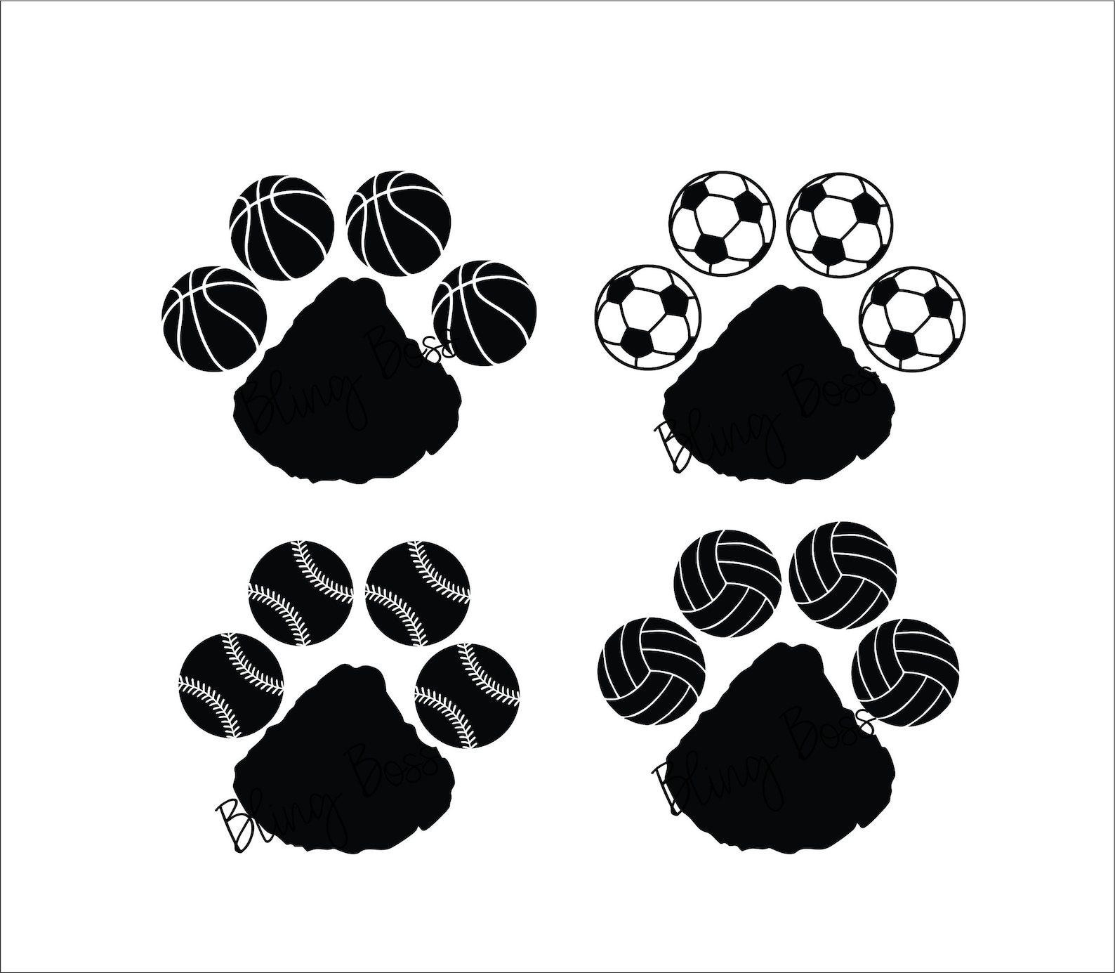 Volleyball Paw, Basketball Paw, Baseball Paw, Soccer Paw SVG Instant