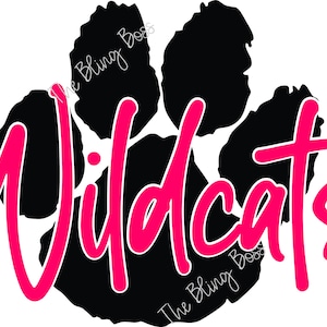 May include: Black paw print with the word "Wildcats" in pink lettering. The text "The Bling Boss" is written in white cursive on the paw print.