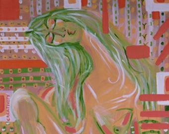 May include: Abstract painting of a nude figure with long green hair, set against a background of geometric shapes in shades of orange, green, and white. The painting is signed "SORAKTOK 2014" in the lower right corner.