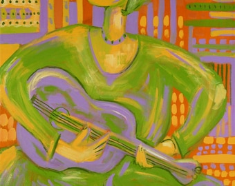 May include: Abstract painting of a person playing a guitar. The figure is depicted in shades of green and yellow, with a purple guitar. The background features orange, purple, and yellow geometric shapes. The painting is signed "SORIDA 12/96".
