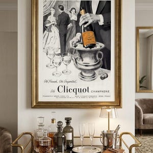 Reproducción impresa de un anuncio ilustrado de Veuve Clicquot de 1959: obra de arte restaurada de champán francés antiguo.