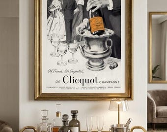 Reproducción impresa de un anuncio ilustrado de Veuve Clicquot de 1959: obra de arte restaurada de champán francés antiguo.
