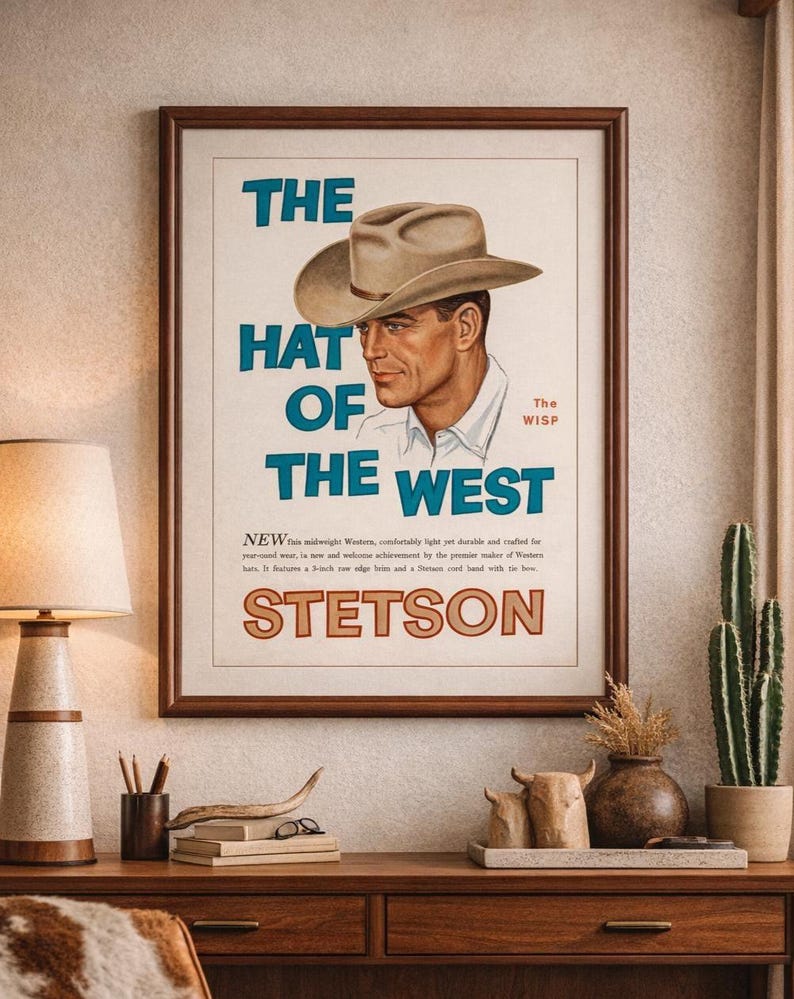 May include: A framed vintage advertisement for Stetson hats, featuring a man wearing a tan cowboy hat. The text reads "THE HAT OF THE WEST" in blue and "STETSON" in orange. The image is displayed on a wooden desk with decorative items.