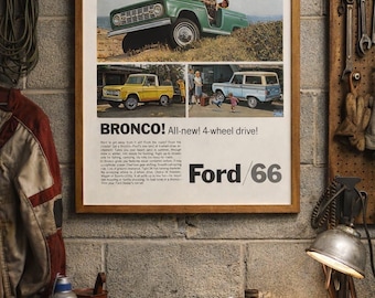 Ford Bronco Vintage Ad Print (1966) – First Generation SUV Wall Art, Classic Automotive Poster, Office Decor