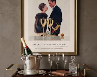 Moët & Chandon Vintage Champagne Ad Print (1960) – Romantic Bar Cart Wall Art, French Cocktail Decor