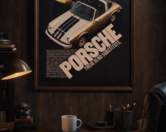 Porsche 911 Vintage Ad Print (1974) – Classic Automotive Wall Art, Retro Car Poster, Garage Decor