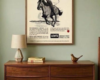 Levi’s Cowboy Vintage Ad Print (1952) – Western Denim Wall Art, Ranch & Man Cave Decor