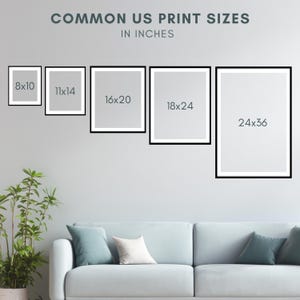 K&ouml;nnte beinhalten: Das Bild zeigt f&uuml;nf gerahmte Drucke an einer Wand. Der Text lautet: "COMMON US PRINT SIZES IN INCHES". Die schwarzen Rahmen zeigen Gr&ouml;&szlig;enangaben in Zoll: 8x10 (20x25 cm), 11x14 (28x36 cm), 16x20 (41x51 cm), 18x24 (46x61 cm) und 24x36 (61x91 cm).