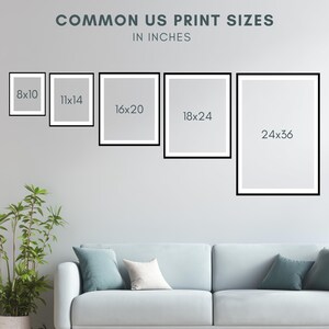 Puede incluir: La imagen muestra cinco impresiones enmarcadas de diferentes tama&ntilde;os en una pared. El texto en la parte superior dice "COMMON US PRINT SIZES IN INCHES". Los marcos son negros. Las impresiones se muestran encima de un sof&aacute; azul claro. Los tama&ntilde;os est&aacute;n en pulgadas, la m&aacute;s grande es 61x91 cm.