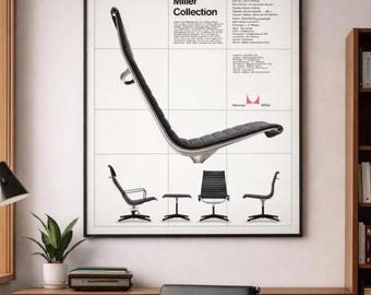 Vintage advertentieafdruk Eames Aluminium Group Chair (1958) – moderne muurkunst uit het midden van de eeuw, kantoordecoratie