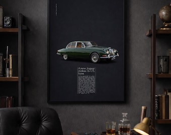 Jaguar Vintage Car Ad Print (1964) – British Automotive Wall Art, Classic Car Poster, Garage & Office Decor