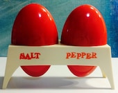 Vintage Cherry Red Mod Space Age Plastic Salt and Pepper Shakers in Holder