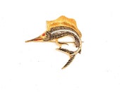 SPAIN Damascene Toledoware Vintage Gold Tone Black Silver Engraved Etched Marlin Swordfish Brooch Designer Signed Costume Jewelry Fish Sea
