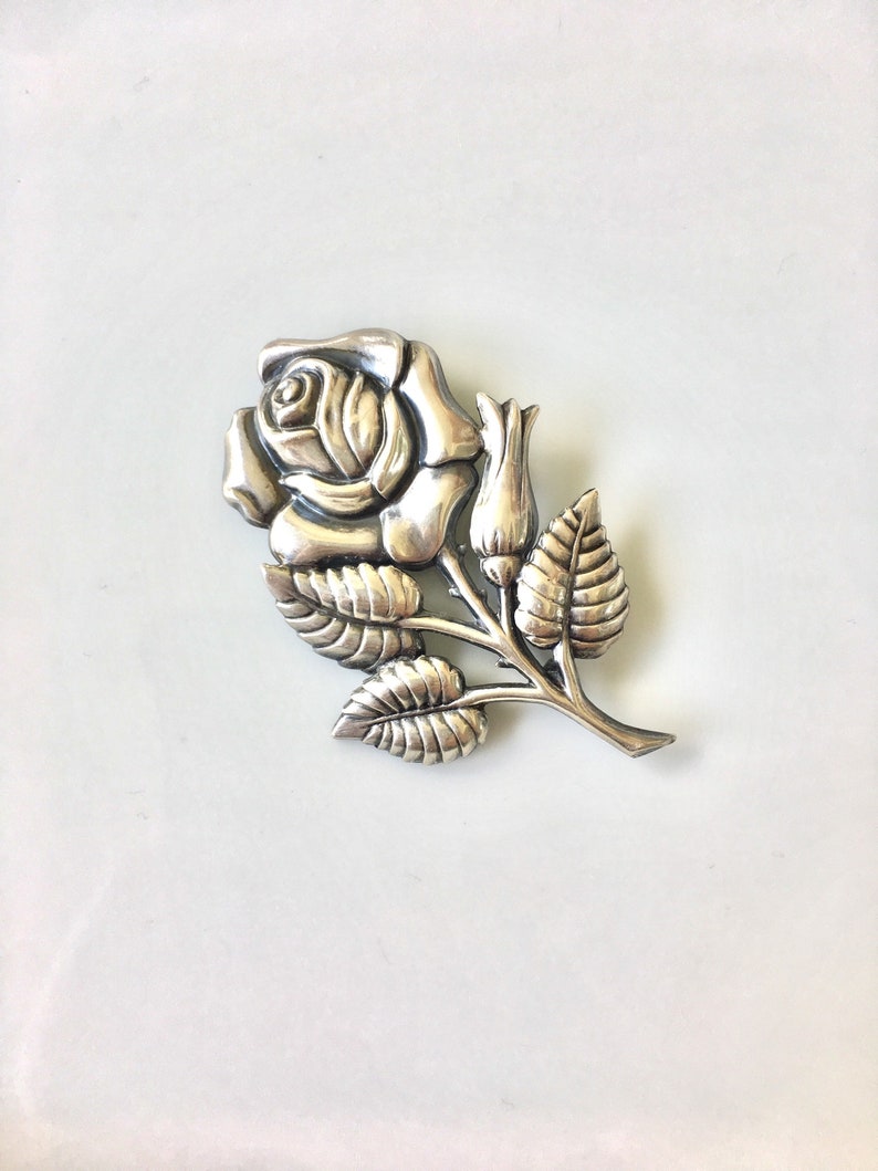 Vintage Sterling Silver Rose Brooch Flower Floral Bud Victorian Edwardian English Cabbage Wild Leaves Wedding Bride Romance Love Resale Sale