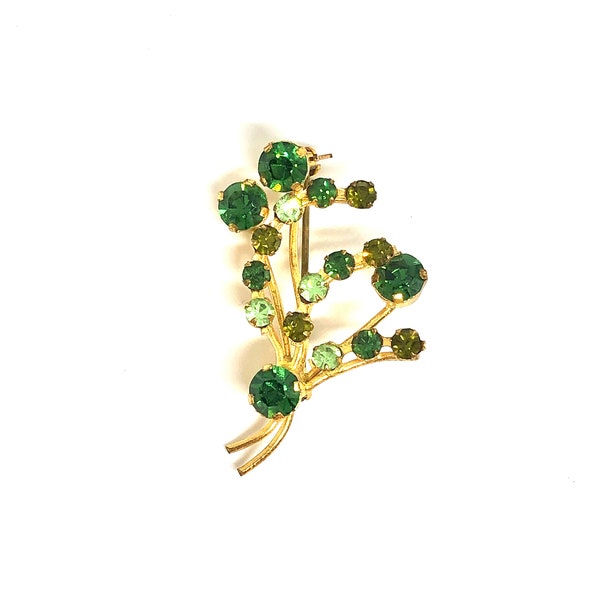 Vintage Unsigned Gold Tone Petite Shades of Green Spray Floral Branch Brooch Costume Jewelry Resale Spring Summer Gift for Women