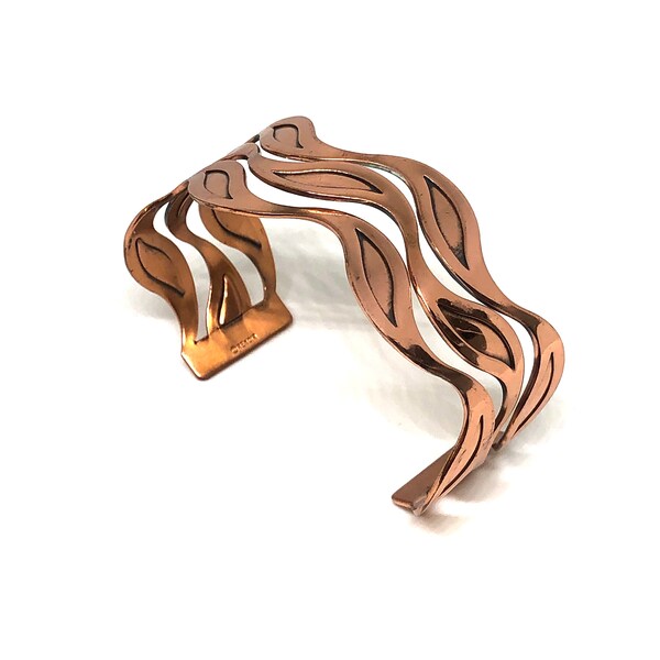 RENOIR Vintage 1950s or 1960s Copper Wave Leaf Pattern Modern Abstract Cuff Bracelet Designer Signed Costume Jewelry Resale Gift for Women