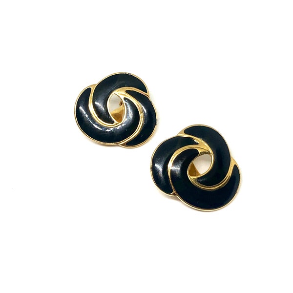 MONET Vintage 1980s Gold Tone and Black Enamel Loop Knot Abstract Design Clip Earrings Designer Signed Costume Jewelry