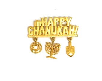 JONETTE JEWELS Vintage Matte Gold Tone Happy Chanukah Hanukkah Menorah Dreidel Star of David Charm Dangle Brooch Jewish Holiday Festival