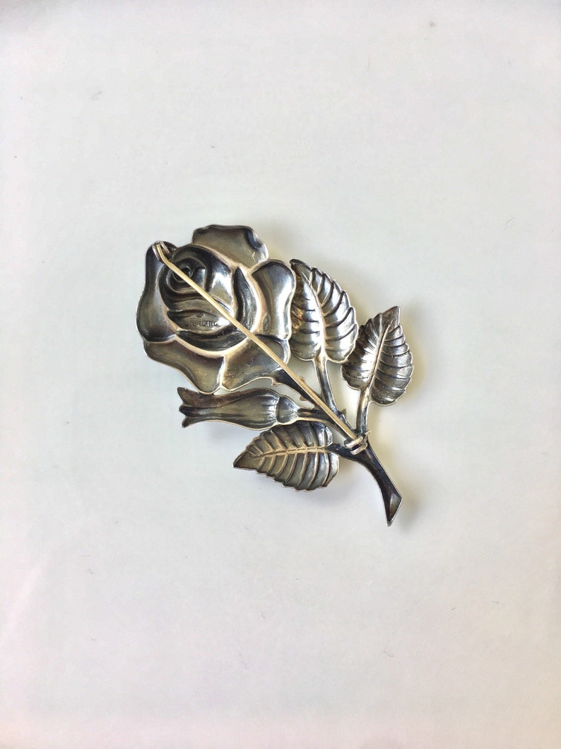 Vintage Sterling Silver Rose Brooch Flower Floral Bud Victorian Edwardian English Cabbage Wild Leaves Wedding Bride Romance Love Resale Sale