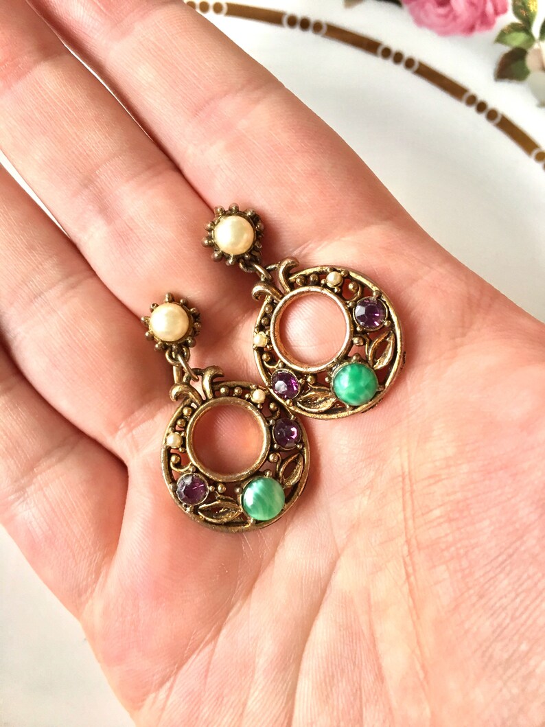 Vintage Faux Pearl Amethyst Purple Rhinestone Marble Swirl Green Cabochon Dangle Drop Earrings Wedding Bride Gift for Her Gypsy Hobo Boho