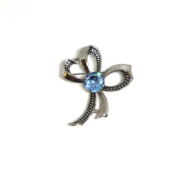 Vintage Unsigned Silver Tone Petite Ribbon Bow Knot Brooch with Light Blue Prong Set Rhinestone Costume Jewelry Resale Gift for Women