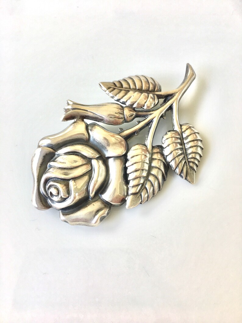Vintage Sterling Silver Rose Brooch Flower Floral Bud Victorian Edwardian English Cabbage Wild Leaves Wedding Bride Romance Love Resale Sale