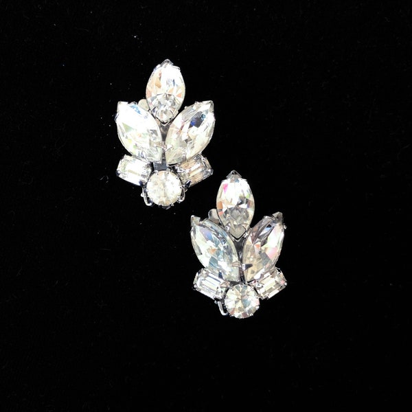 MEMORIAL DAY SALE: Weiss Vintage Clear Marquise Rhinestone Leaf Clip Earrings Designer Signed Costume Jewelry Resale Sale Gift for Her Woman