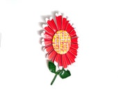 Vintage Elongated Red Yellow White Enamel Hand Painted Crisscross Daisy Floral Flower Power Brooch Costume Jewelry Resale Sixties Summer