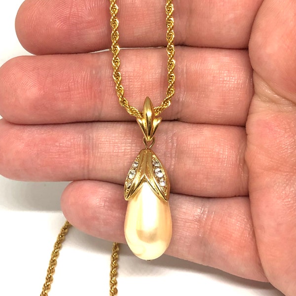 TRIFARI Vintage 1980s Gold Tone 18 Inch Faux Pearl Teardrop and Clear Rhinestone Drop Pendant Necklace Designer Signed Costume Jewelry Gift