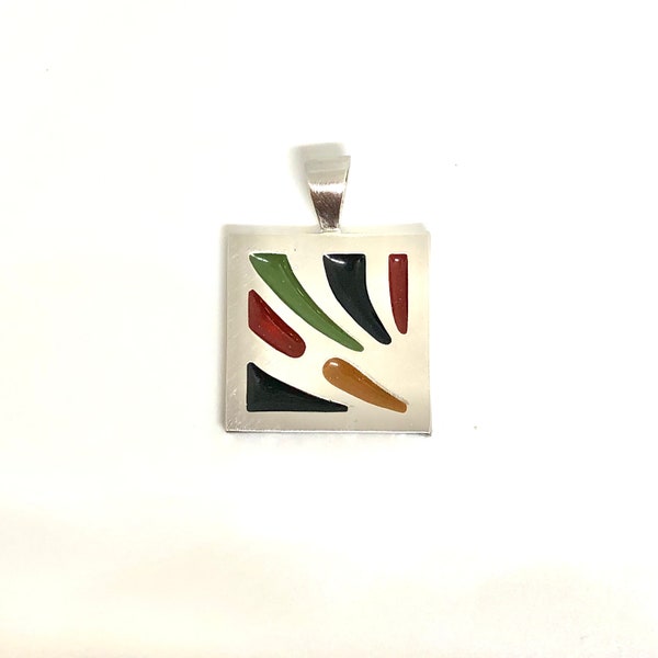 SARAH COVENTRY Vintage Silver Tone Modern Abstract Rainbow Enamel Square Pendant for Necklace Designer Signed Costume Jewelry 1980s