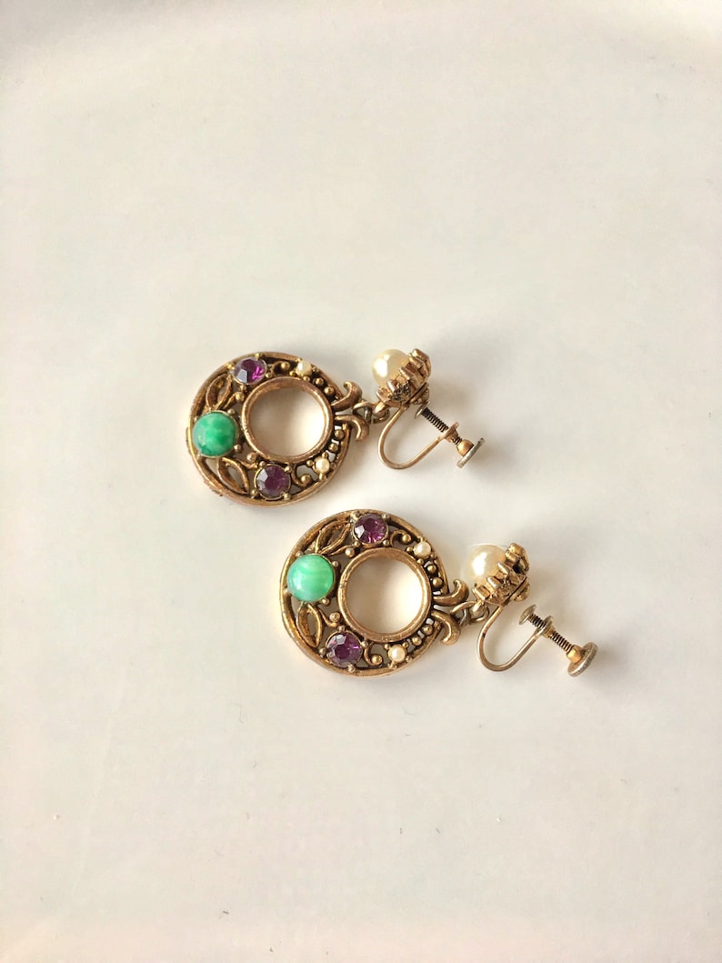 Vintage Faux Pearl Amethyst Purple Rhinestone Marble Swirl Green Cabochon Dangle Drop Earrings Wedding Bride Gift for Her Gypsy Hobo Boho