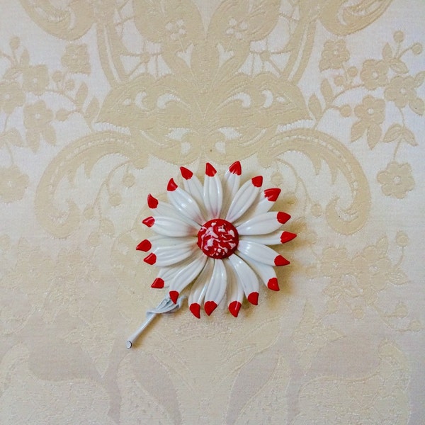 RESERVED: 1960s White with Red Tips and Center Enamel Daisy Flower Power Brooch with Stem - Very Large!!!