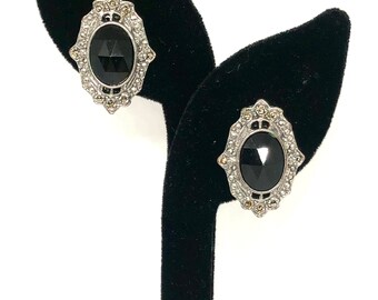 1928 Vintage Silver Tone Victorian Style Mourning Onyx Jet Black Faceted Rhinestone and Faux Marcasite Clip Earrings