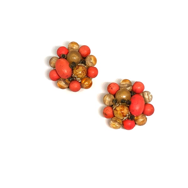 HONG KONG Vintage Gold Tone Autumn Color Coral Orange Brown Wood and Plastic Bead Cluster Clip Earrings Designer Signed Costume Jewelry