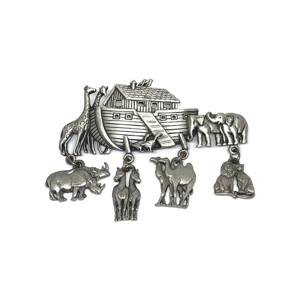 JONETTE JEWELS Vintage Pewter Tone Noah Ark with Animal Charms Brooch Designer Signed Costume Jewelry Biblical Story Rhino Elephant Duck