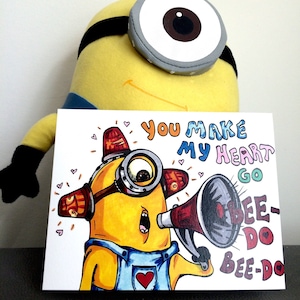 Biglietto d'auguri unico disegnato a mano con pompiere Minion Love Be-Doo per San Valentino, vuoto all'interno
