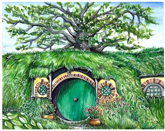 Baggend Hobbit Hole Hobbiton Watercolor print from Lord of the Rings