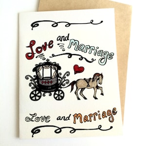 Amour et mariage Frank Sinatra Cheval et calèche Tiré à la main mariage / carte d’anniversaire, blanc à l’intérieur
